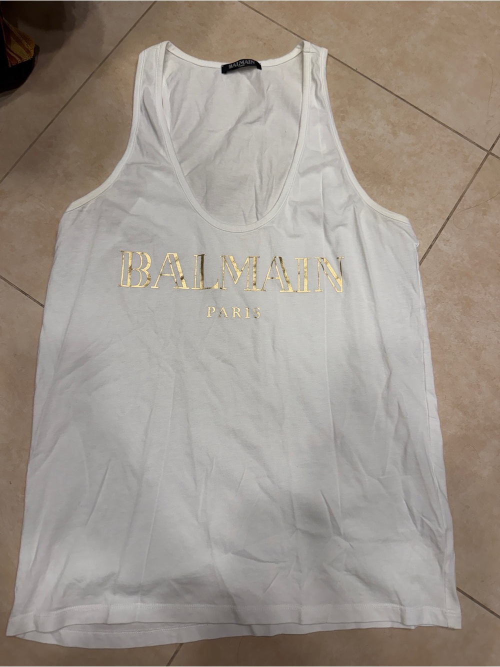 Balmain White Tank with Metallic Gold Logo Sz 38